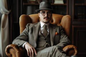 A man in a suit and hat sitting in an armchair photo