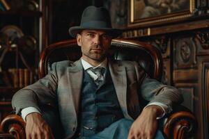 A man in a suit and hat sitting in a chair photo