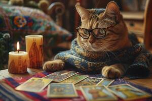 A cat wearing glasses and a scarf sitting at a table with tarot cards photo