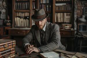 A man in a hat sitting at a desk with books and papers photo