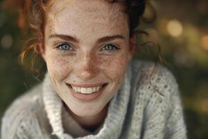 A woman with freckles smiling photo