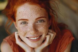 A woman with freckles smiling photo