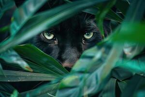 A black panther peeking out from the leaves photo