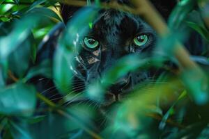 A black panther peeking out from behind some leaves photo
