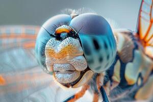 A close up of a dragonfly's face photo