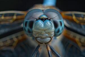 A close up of a dragonfly's face photo