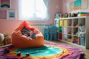 A colorful room with a bean bag chair and a rainbow rug photo