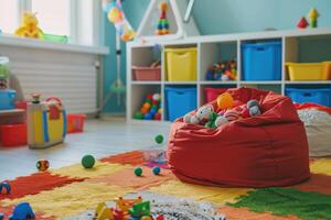 A room with toys and a bean bag chair photo