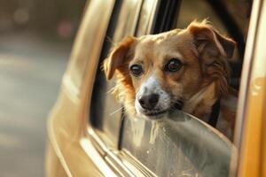 A dog looking out the window of a car photo