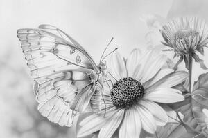 A black and white drawing of a butterfly on a flower photo