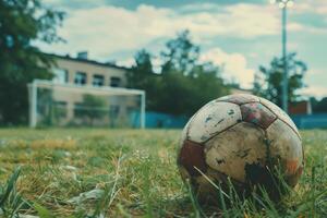 An old soccer ball sits on the grass in front of a soccer goal photo