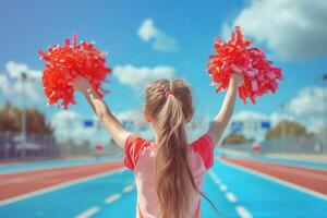 A little girl with pom poms on the track photo
