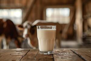 A glass of milk sits on a wooden table photo