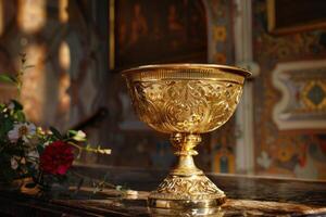 A golden cup sitting on a table in a room photo