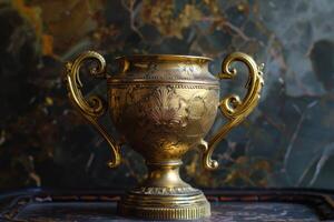 A gold trophy on a table in front of a wall photo