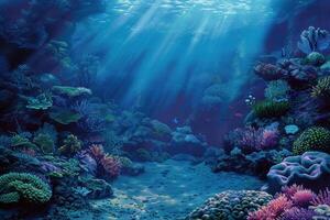 Underwater scene with coral reef and sun rays photo
