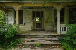 A porch with steps leading to a house photo