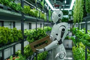 A robot is holding a box of vegetables in a supermarket photo