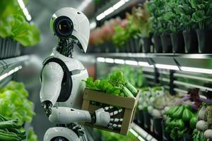 A robot holding a box of vegetables in a supermarket photo