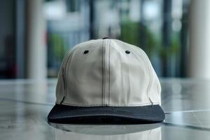A white and black baseball cap sitting on a table photo