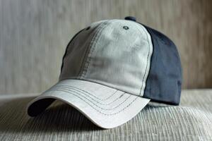 A baseball cap sitting on a couch photo