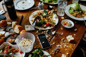 A table with many plates and food on it photo