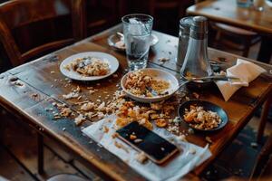 A table with food and a cell phone on it photo
