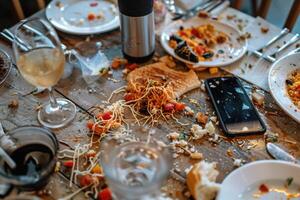 A table with a lot of food and a cell phone photo