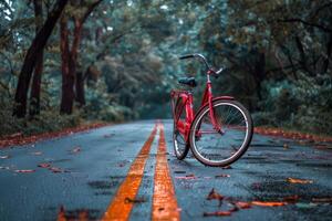 A red bicycle is parked on the side of a road photo