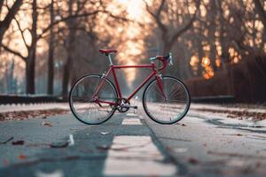 A red bicycle is parked on a street photo
