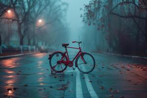A red bicycle is parked on a wet road photo