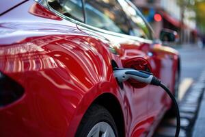 A red tesla car is plugged into an electric charger photo