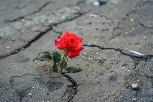 A single red rose is growing out of the crack in the pavement photo