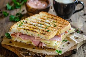 Ham and cheese sandwich on a wooden table with coffee and herbs photo