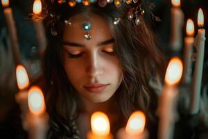 A woman with a crown and candles in front of her photo