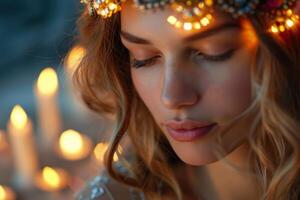 A woman with a headpiece of candles photo