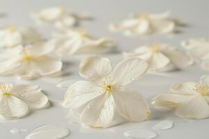 White flowers with drops of water on a white surface photo