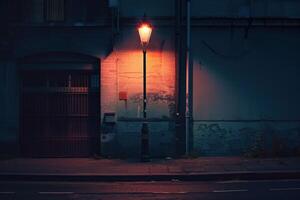 A street lamp is lit up at night photo