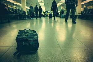 A black bag sitting on the floor of an airport photo