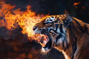 A tiger with its mouth open and its mouth is on fire photo
