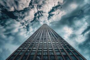 A tall building with clouds in the sky photo