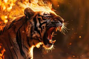 A tiger roaring with fire coming out of its mouth photo