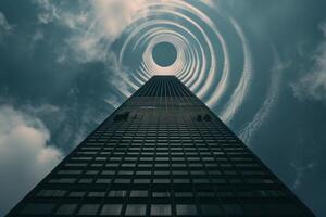 A tall building with a circular hole in the sky photo