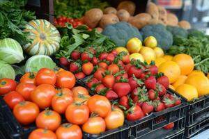 A bunch of fruits and vegetables on display photo