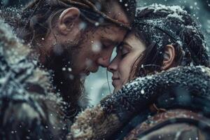 A man and woman in the snow with their faces close together photo