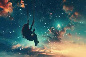 A woman swinging on a swing in the sky photo