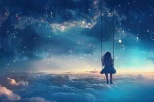 A girl is sitting on a swing in the sky with stars above her photo