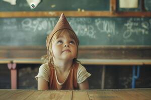 A little girl wearing a hat sits at a table photo