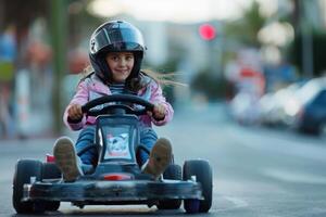A young girl wearing a helmet riding a go kart photo