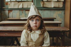 A little girl wearing a hat sits at a desk photo